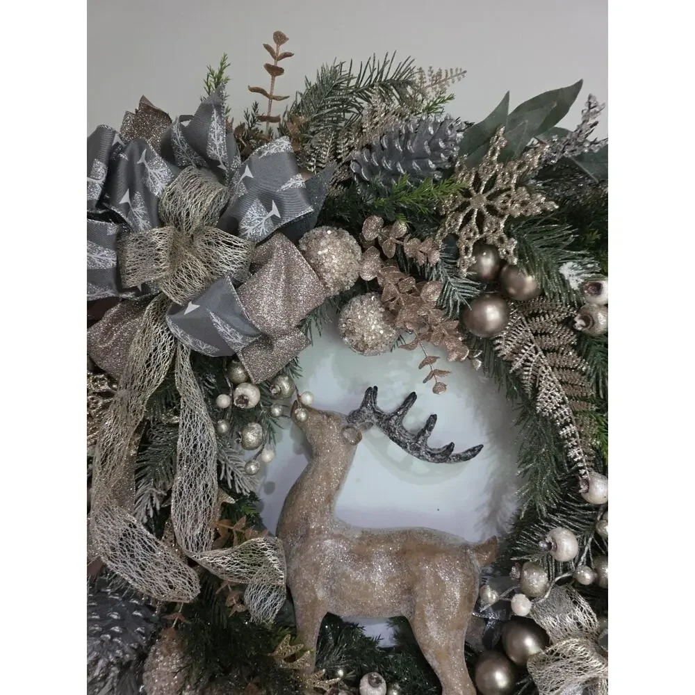 Handmade Christmas Wreath Deer Stag Gold Silver Berries Balls Ribbon 25